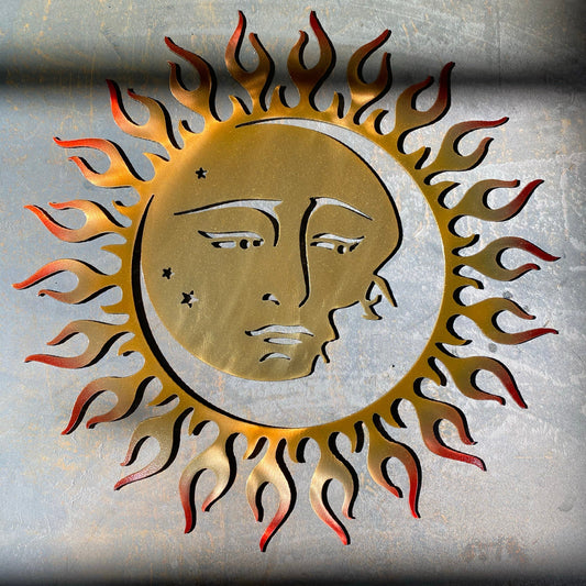 Moon and Sun Metal Art, handcrafted steel wall decor with choice of blended powder coat, copper patina, or solid color finish by CnS CnC.