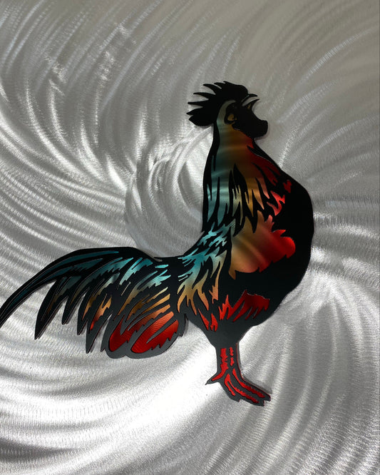 Ombré Rooster metal wall art, handcrafted with a double-layer design and custom ombré powder-coated finish by CnS CnC.