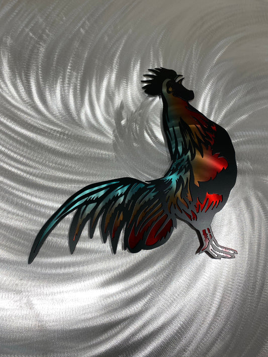 Ombré Rooster metal wall art, handcrafted with a double-layer design and custom ombré powder-coated finish by CnS CnC.