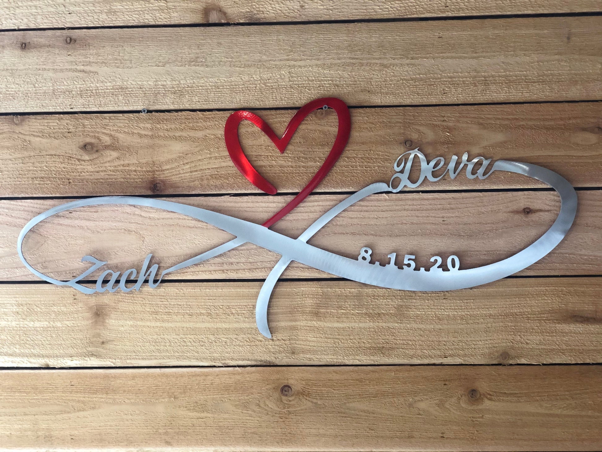 Personalized Infinity Heart, handcrafted from aluminum with custom names and wedding date, precision laser-cut and powder-coated for a timeless wedding gift by CnS CnC.