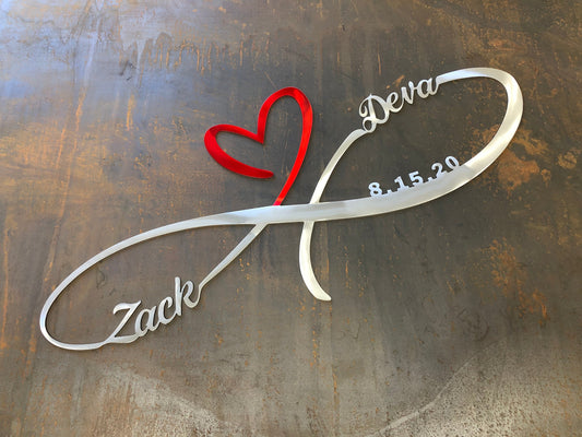 Personalized Infinity Heart, handcrafted from aluminum with custom names and wedding date, precision laser-cut and powder-coated for a timeless wedding gift by CnS CnC.