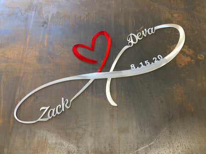 Personalized Infinity Heart, handcrafted from aluminum with custom names and wedding date, precision laser-cut and powder-coated for a timeless wedding gift by CnS CnC.