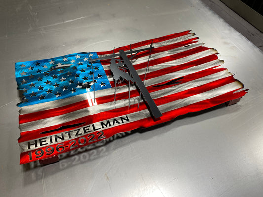 Personalized Lineman Metal Flag, handcrafted steel wall art with a custom lineman silhouette, featuring a waved American flag design by CnS CnC.