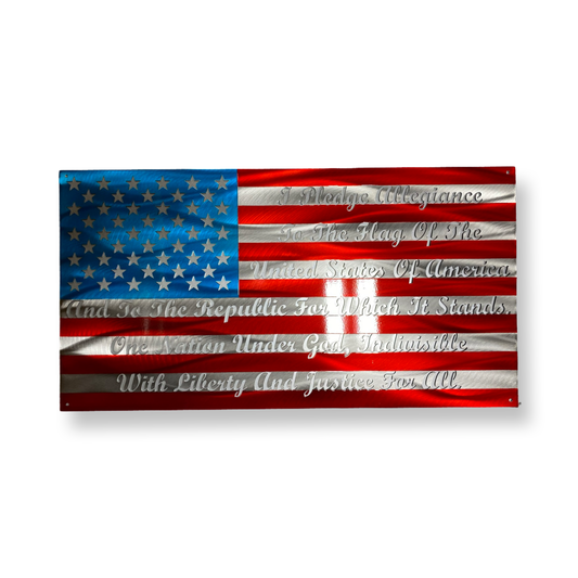 Pledge of Allegiance Metal Flag with cursive text – custom metal wall art by CnS CnC