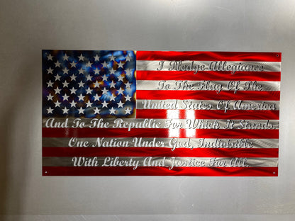 Pledge of Allegiance Metal Flag with cursive text and heat patina star field – custom metal wall art by CnS CnC