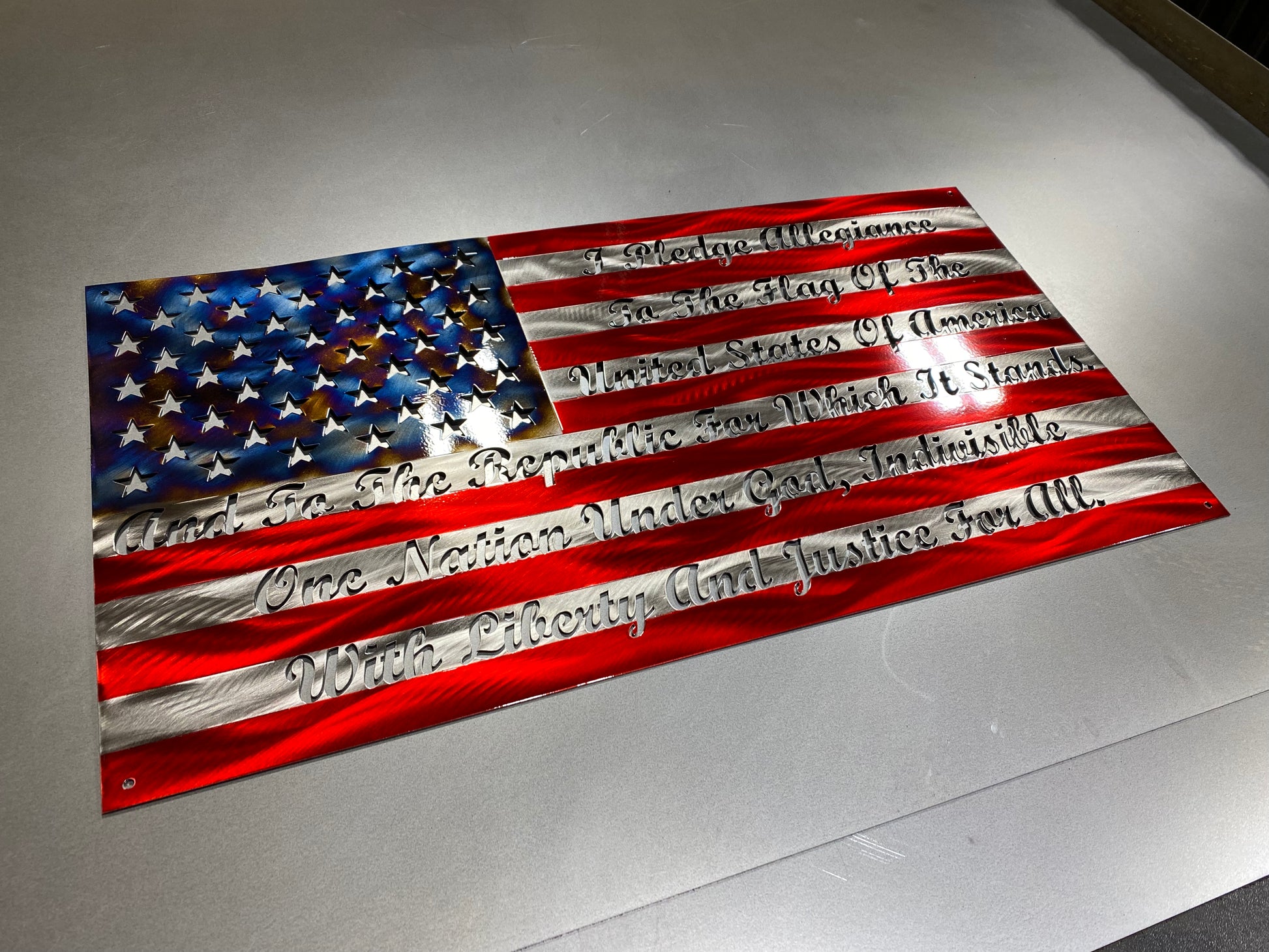 Pledge of Allegiance Metal Flag with cursive text and heat patina star field – custom metal wall art by CnS CnC