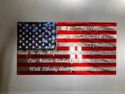 Pledge of Allegiance Metal Flag with cursive text and heat patina star field – custom metal wall art by CnS CnC