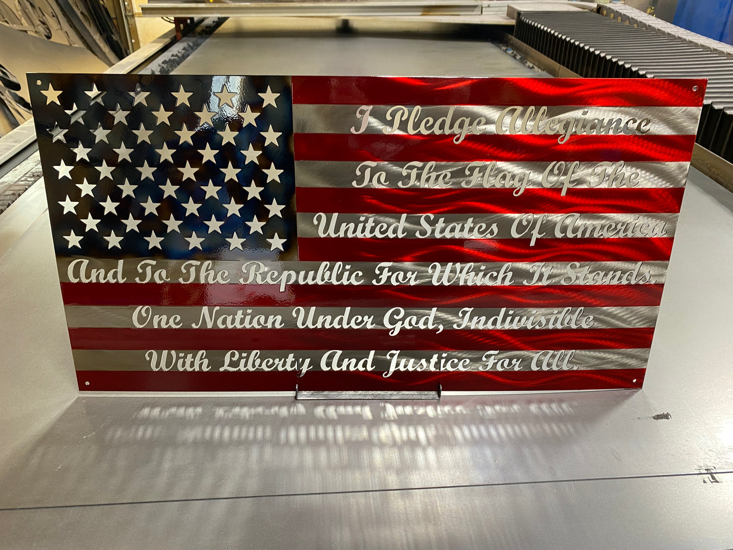 Pledge of Allegiance Metal Flag with cursive text and heat patina star field – custom metal wall art by CnS CnC