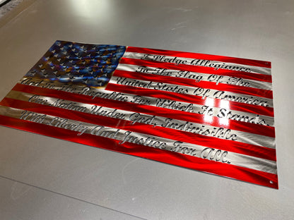 Pledge of Allegiance Metal Flag with cursive text and heat patina star field – custom metal wall art by CnS CnC