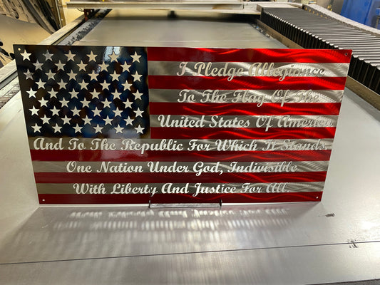 Pledge of Allegiance Metal Flag with cursive text and heat patina star field – custom metal wall art by CnS CnC