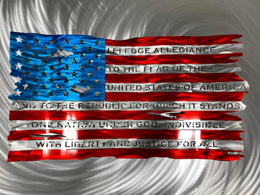 Pledge of Allegiance metal flag with hand-formed waves, heat patina finish, and floating wall mount design, measuring 24 inches wide.