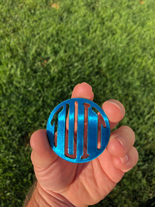 Round Tuit metal keychain, 2 inches, precision laser-cut and powder-coated for durability. A funny procrastinator gag gift.