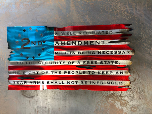 Second Amendment American Flag, handcrafted from American steel with hand-formed waves and a three-stage powder-coated finish by CnS CnC.