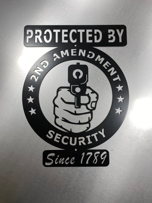 Second Amendment Security Sign made from powder-coated steel, 16x12 inches, suitable for indoor or outdoor use.