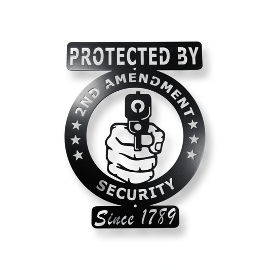 Second Amendment Security Sign made from powder-coated steel, 16x12 inches, suitable for indoor or outdoor use.