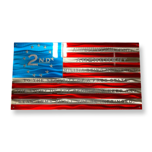 Second Amendment Standard Metal Flag with Candy Red and Blue powder coat, handcrafted steel design, and CNC precision cutting by CnS CnC. Made in the USA.