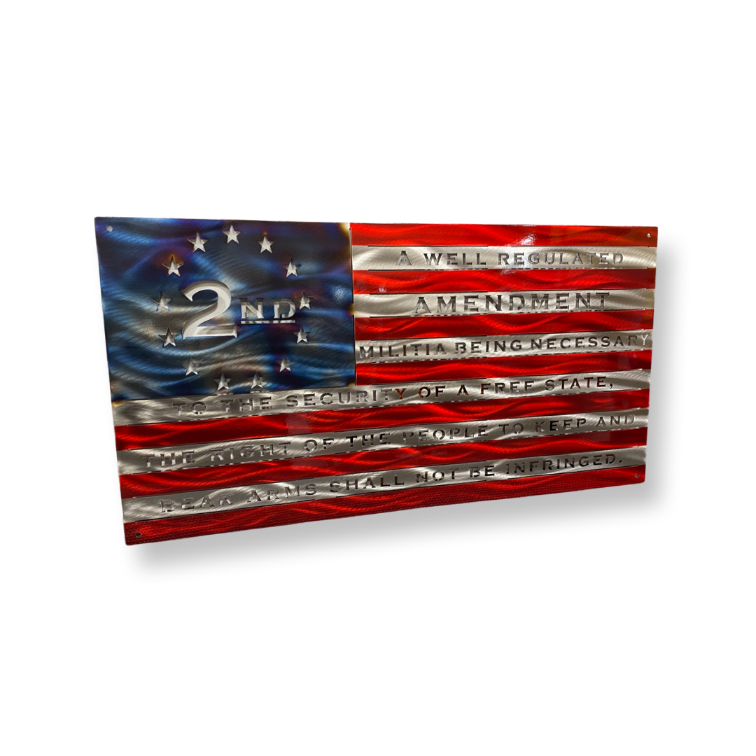 Second Amendment Standard Metal Flag with heat patina star field, Candy Red powder coat, and handcrafted steel design by CnS CnC. Made in the USA