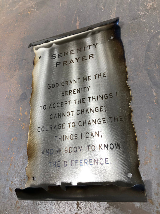 Serenity Prayer Metal Scroll, handcrafted American steel wall art with laser-etched text, heat patina accents, and a clear powder coat finish by CnS CnC.