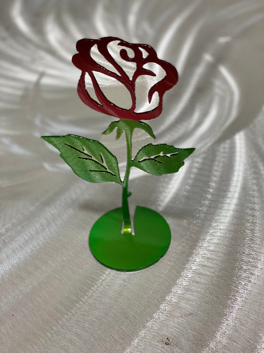 Steel Rose Cutout, handcrafted metal rose with candy red and green powder coat finish, available flat or with a standing base by CnS CnC.