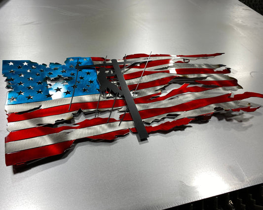 Tattered Lineman American Wavy Flag, handcrafted metal wall art featuring a rugged American flag design with a lineman silhouette, made by CnS CnC.