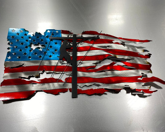 Tattered Lineman American Wavy Flag, handcrafted metal wall art featuring a rugged American flag design with a lineman silhouette, made by CnS CnC.