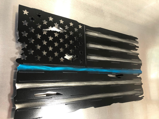 Thin Blue Line Distressed American Flag made from marine-grade aluminum with a weather-resistant finish, designed for police officers and law enforcement.