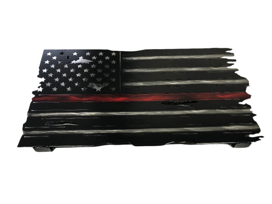 Thin Red Line Distressed American Flag made from metal, featuring a rugged design honoring firefighters. Perfect for home or station display.