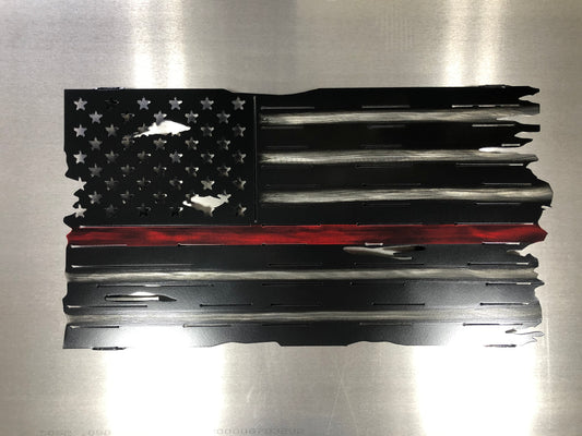 Thin Red Line Distressed American Flag made from metal, featuring a rugged design honoring firefighters. Perfect for home or station display.