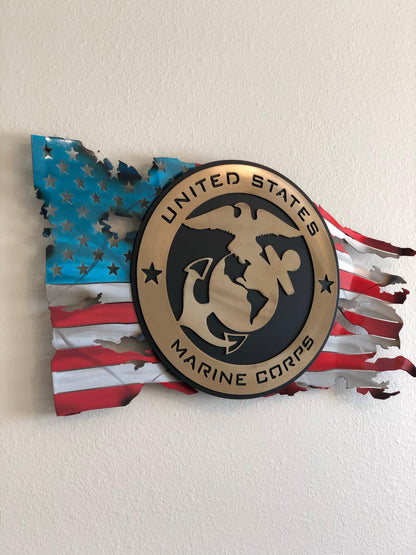 US Marine Corps Tattered American Flag with 12-inch candy gold and black USMC emblem, triple powder-coated for outdoor durability.