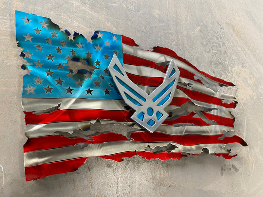 USAF Premium Tattered Flag, handcrafted metal Air Force wall art with a floating emblem, heat patina accents, and powder-coated finish by CnS CnC.