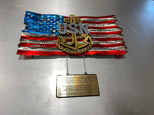 Custom add-on plaque for USN metal flags – engraved gold Rowmark dedication plaque, suspended with chain, available only with a USN flag purchase from CnS CnC.