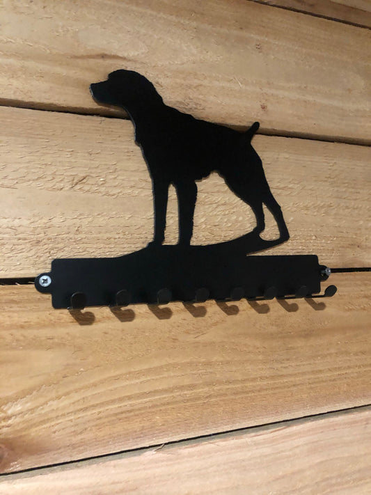 Wall-mounted metal pet leash hanger featuring a customizable dog breed silhouette with 8 sturdy prongs for leash storage.