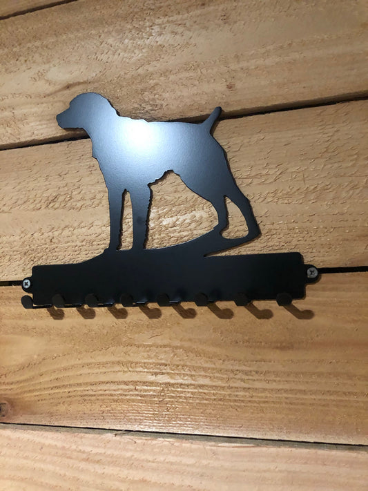 Wall-mounted metal pet leash hanger featuring a customizable dog breed silhouette with 8 sturdy prongs for leash storage.