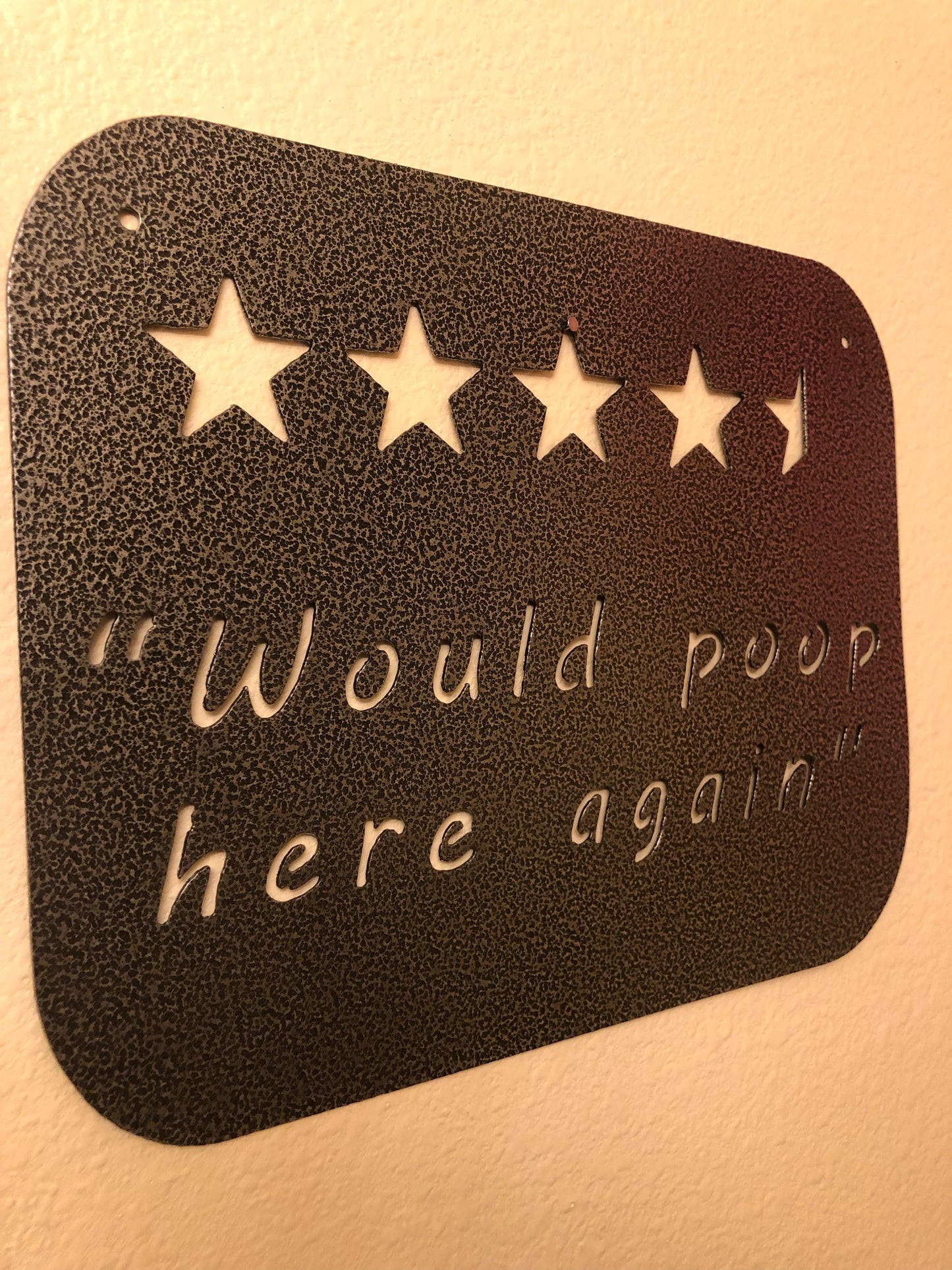 Funny "Would Poop Here Again" metal sign, CNC cut from American steel with a powder-coated silver and black finish.